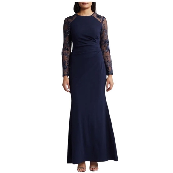 NEW ELIZA J Sequin Embroidered Long Sleeve Gown in Navy Blue Size 8 - Picture 1 of 8